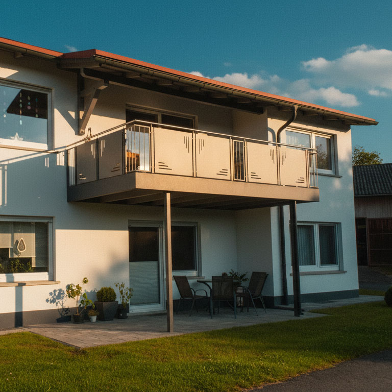 Moderne Anbaubalkone mit Aluminiumgeländer und Glas: orangefarbenes Dach, helle Hausfassade und klarer Linienverlauf für mehr Licht und Raum.