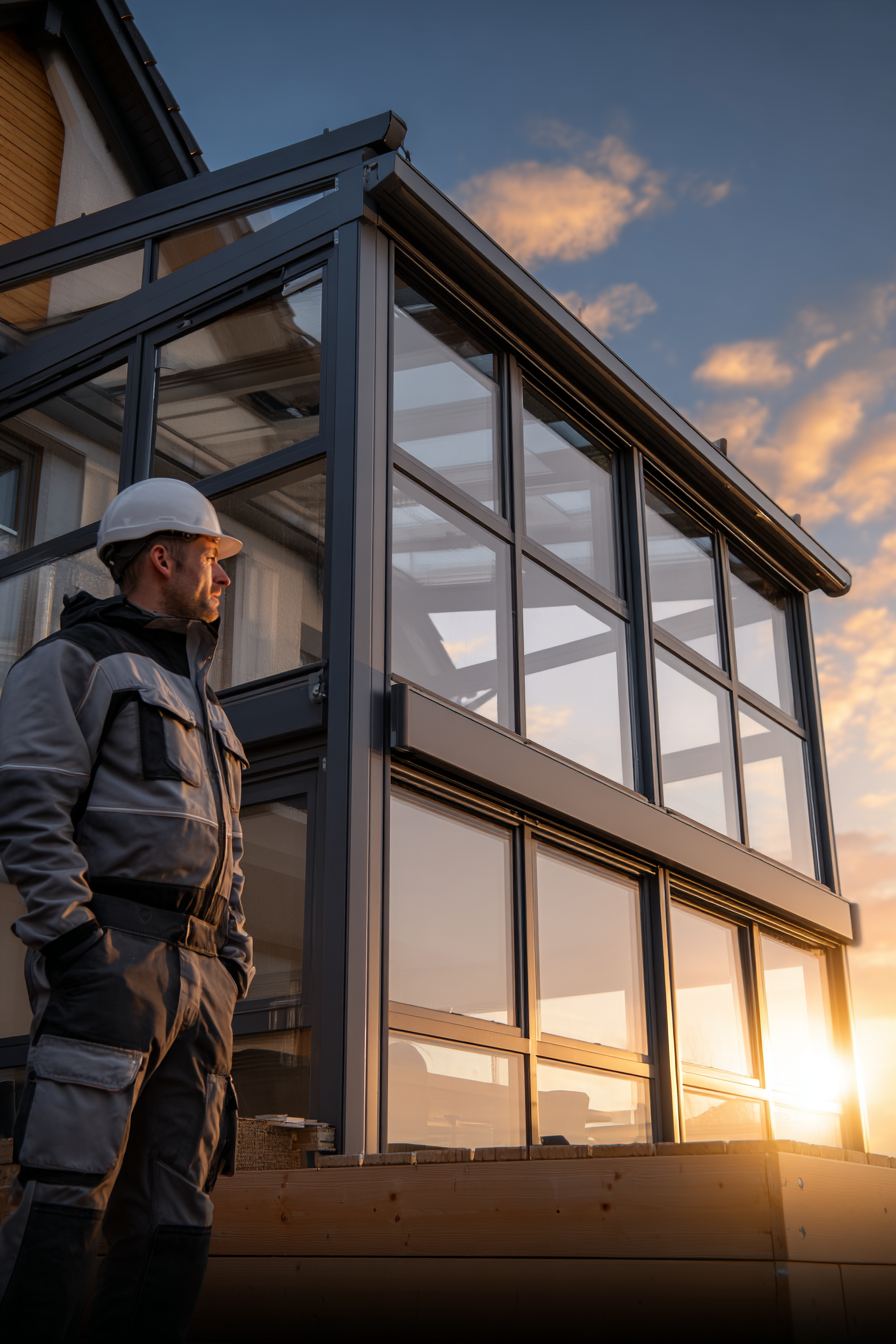 Ein Handwerker in Schutzkleidung steht an einem Wintergarten mit schwarzem Glas und Metallrahmen, präzise gearbeitet im warmen Abendlicht.