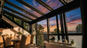 Stilvolle Beschattung im Wintergarten mit dunklen, gläsernen Rahmen für angenehmes Klima, wirksamen Sonnenschutz und mehr Privatsphäre am Abend.