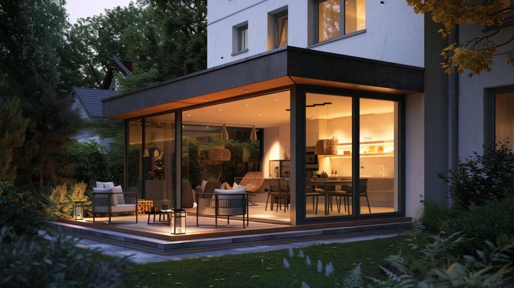 Abends leuchtet ein moderner Sommergarten mit großen transparenten Glas-Schiebeelementen und gemütlicher Terrasse, integriertem Licht im Innenbereich.