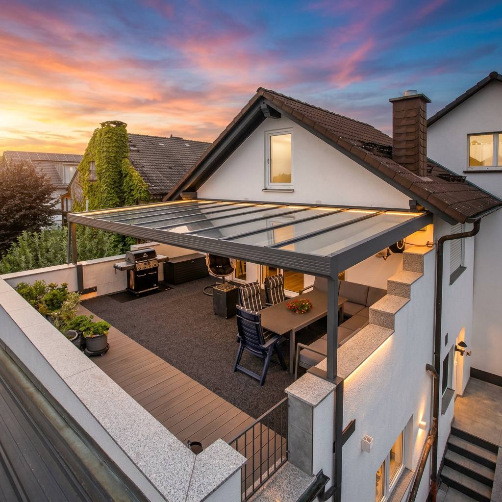 Überdachung von Maul mit verglastem Dach und aluminiumfarbenen Profilen, angrenzender Sitzgruppe, stimmige Beleuchtung am Abend, Terrassenbereich.