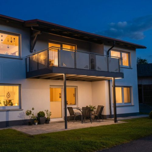 Beleuchtete Maul Anbaubalkone bei Nacht mit verglastem Geländer, warmen Lichtakzenten und modernem Design am Haus.