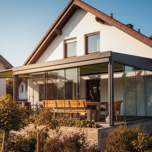 Gläserner Wintergarten mit holzfarbenen Rahmen und Sitzbereich im Sonnenschein, klarer Übergang zwischen Haus und Außenbereich.