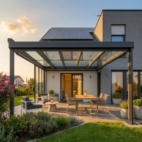 Klare Glas-Überdachung mit moderner Aluminiumkonstruktion am Haus, große Terrassenschiebetüren, ruhiges Licht und offenes Ambiente im Außenbereich.