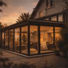 Am Abend erstrahlt ein verglaster, moderner Maul Wintergarten mit warm beleuchteten Innenräumen und großen Fenstern vor dem Haus.