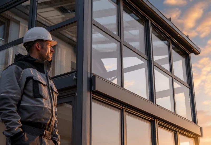 Ein Handwerker in Schutzkleidung steht an einem Wintergarten mit schwarzem Glas und Metallrahmen, präzise gearbeitet im warmen Abendlicht.
