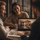Bei einer Beratung in warmem Indoor-Setting betrachten drei Personen am Laptop ein 3D-Konzept für einen Wintergarten von Maul Wintergarten.