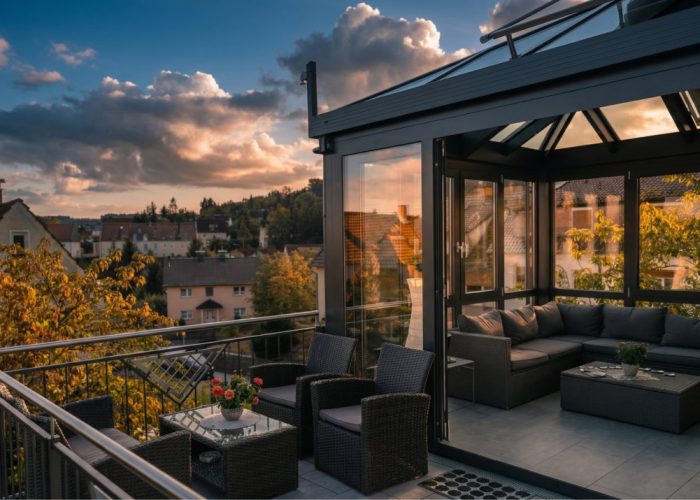 Ein heller Maul Wintergarten mit transparenter Verglasung und Aluminiumkonstruktion verbindet Innen und Außen zu mehr Raum und Lebensqualität.