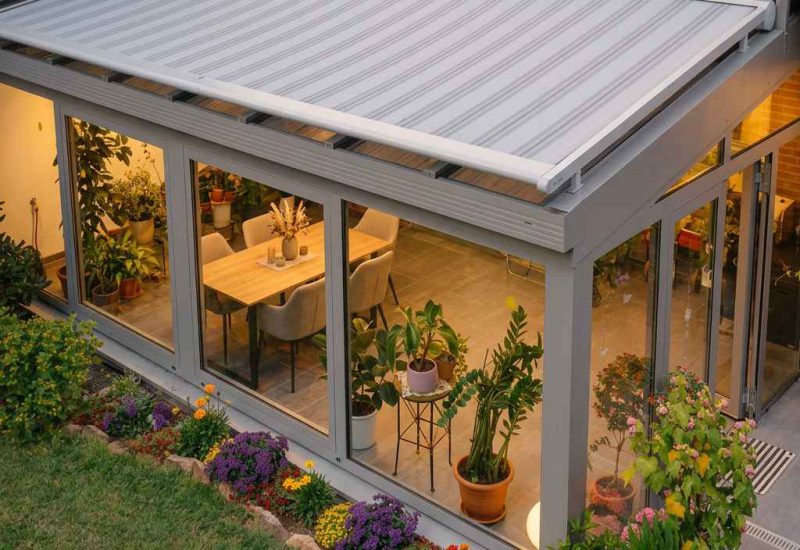 Wintergartenbeschattung mit hellgrauem Sonnenschutz auf dem Dach, darunter verglaste Fenster und gemütliche Sitzecke im warmen Licht der Terrasse.
